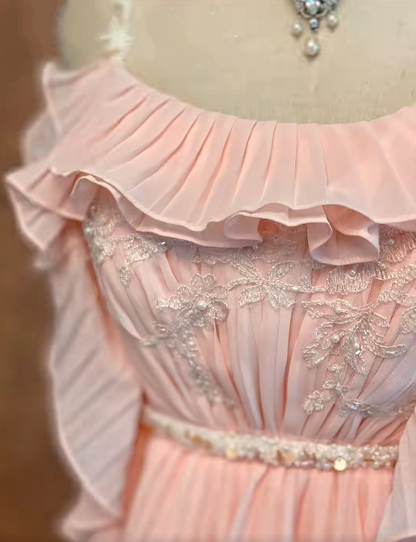 Gorgeous Blush Pink Spaghetti Straps Ruffled White Lace Appliques A-Line Long Prom Dress AD1411
