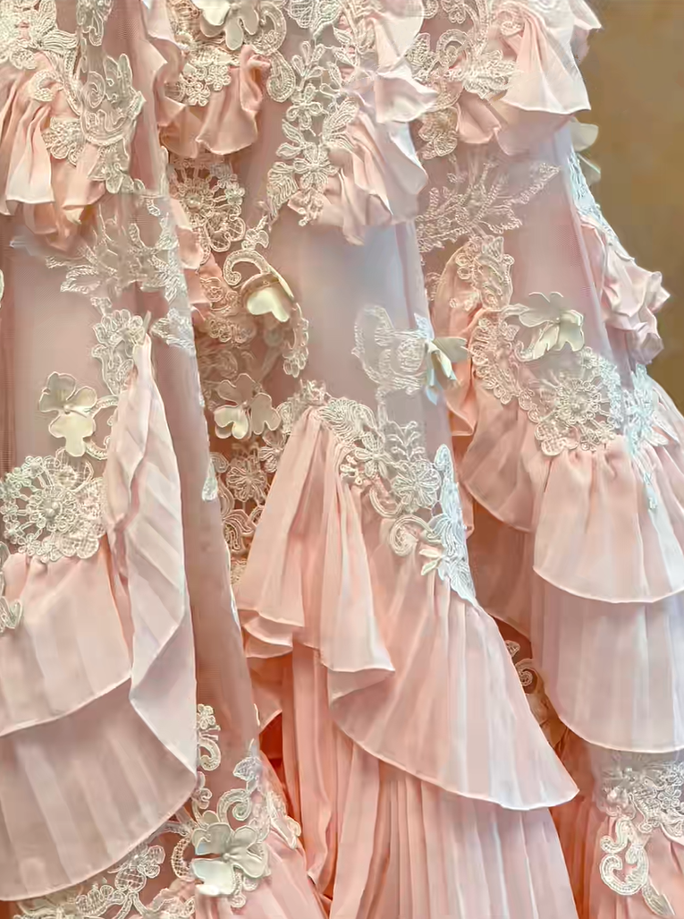 Gorgeous Blush Pink Spaghetti Straps Ruffled White Lace Appliques A-Line Long Prom Dress AD1411