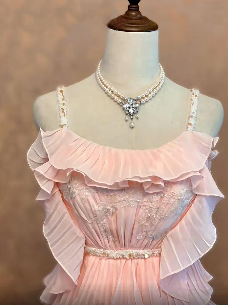 Gorgeous Blush Pink Spaghetti Straps Ruffled White Lace Appliques A-Line Long Prom Dress AD1411
