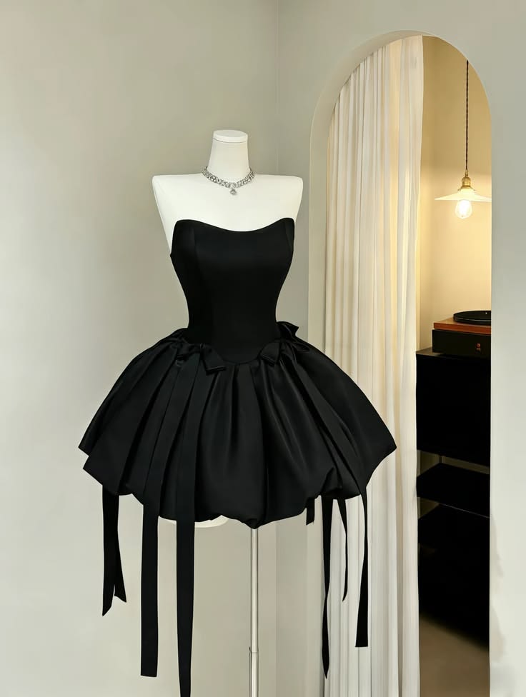 Chic Black Strapless Satin A Line Short Homecoming Dress With Long Bow Ribbon Streamer AS1412