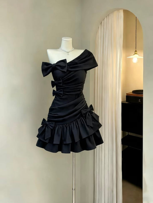 Chic Black One Shoulder Ruched Waist Bodycon Layered Ruffle Hem Short Homecoming Dress With Bows AS1413