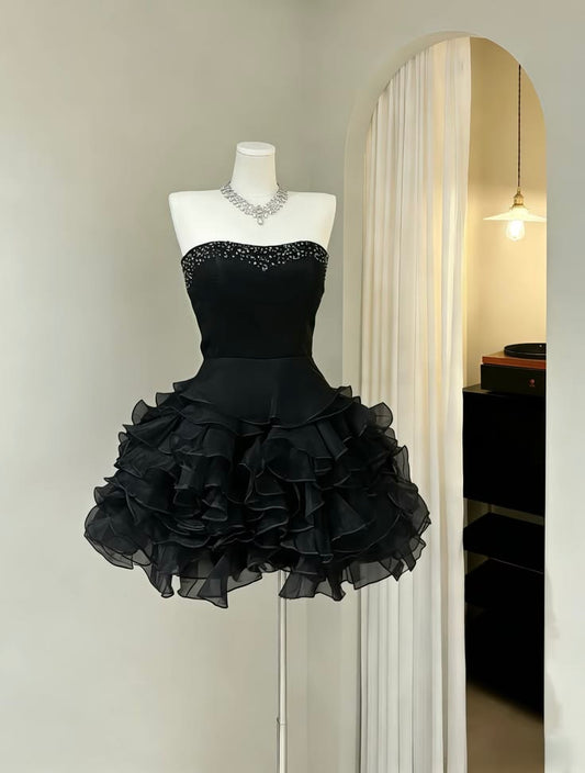 Elegant Black Strapless Beaded Tube Neck A Line Multi-Tier Ruffle Tulle Short Homecoming Dress AS1414
