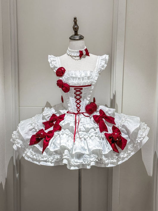 Chic White Ruffled Straps Lace Up Red Rose & Bow A Line Short Homecoming Dress AS1415