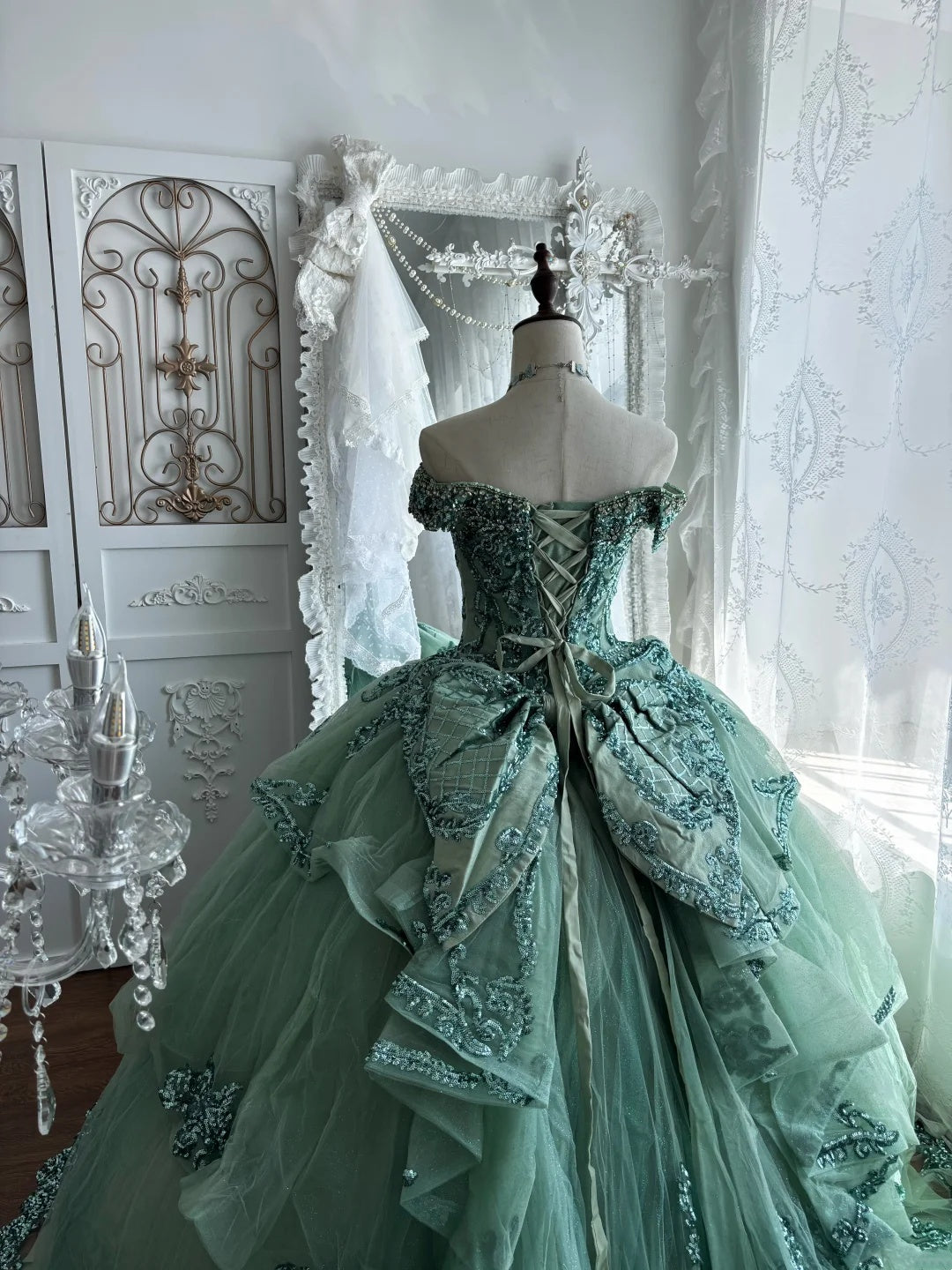 Luxurious Sage Green Off Shoulder Sweetheart Heavy Beaded Sequin Ball Gown Long Prom Dress AD1416