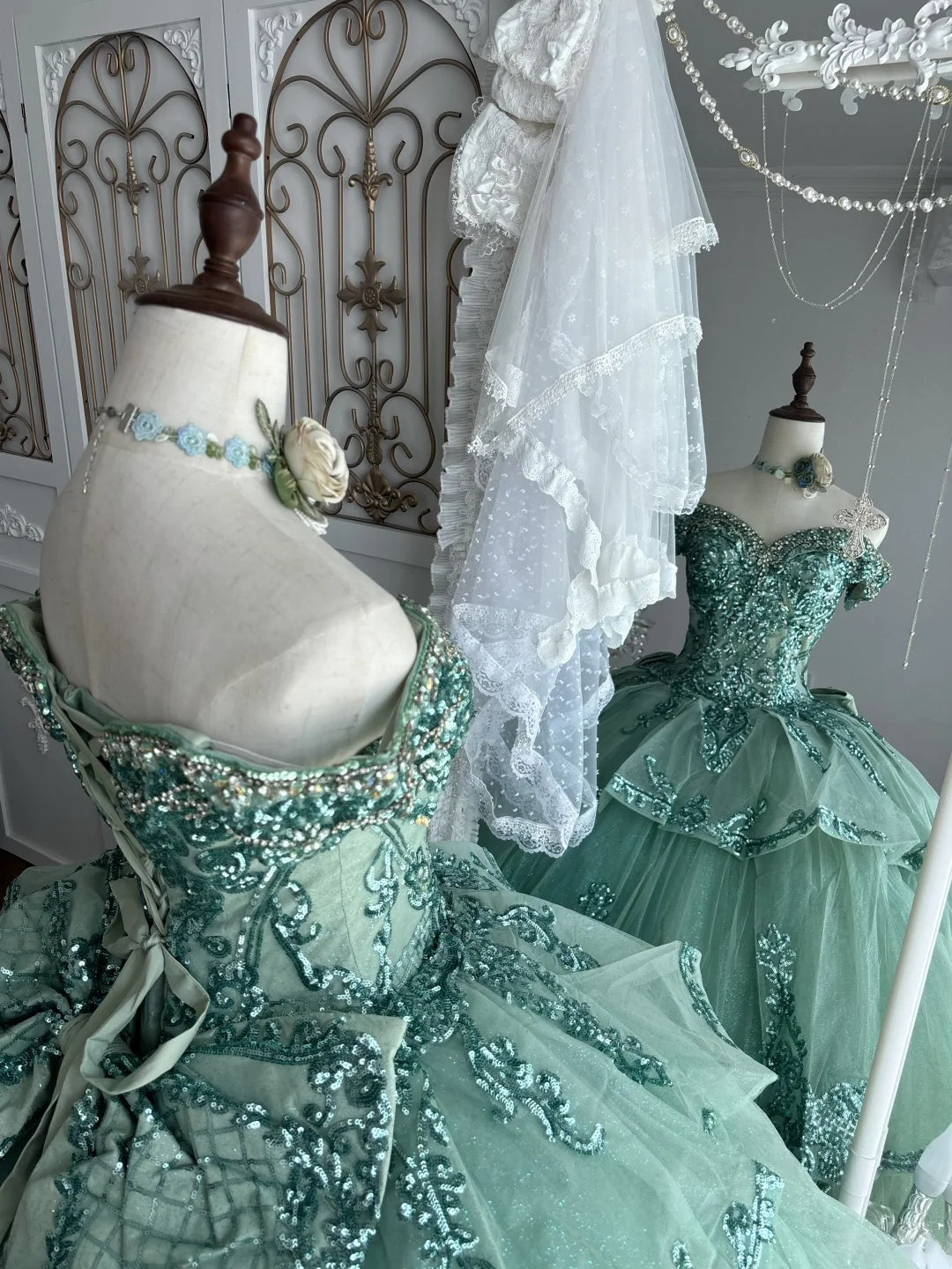 Luxurious Sage Green Off Shoulder Sweetheart Heavy Beaded Sequin Ball Gown Long Prom Dress AD1416