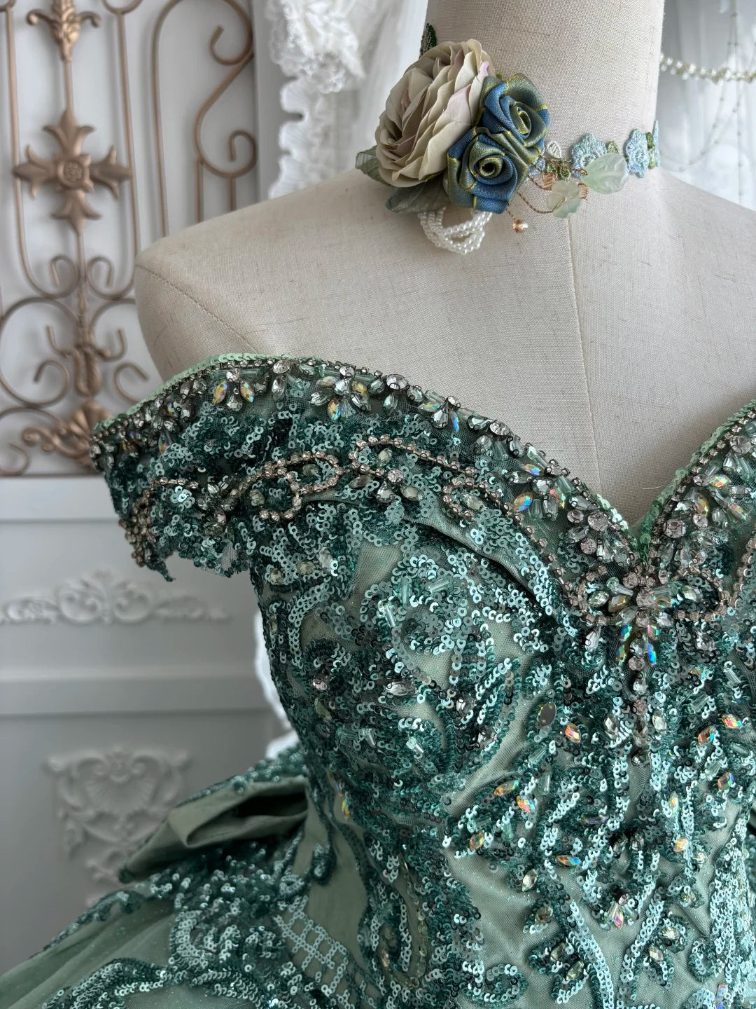Luxurious Sage Green Off Shoulder Sweetheart Heavy Beaded Sequin Ball Gown Long Prom Dress AD1416