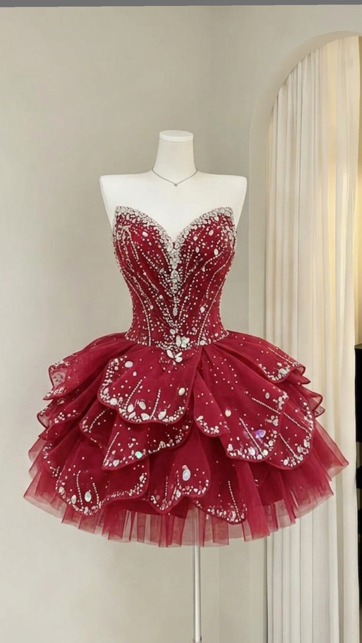 Sparkle Burgundy Strapless Beaded Corset Bodice Sequins Layered Tulle A Line Short Homecoming Dress AS1416