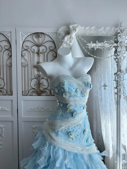 Dreamy Sky Blue Strapless Sweetheart 3D Floral Appliqué Sequin Mermaid Long Prom Dress AD1417