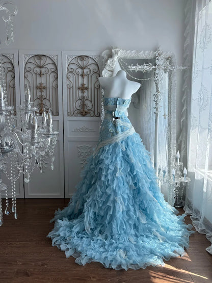 Dreamy Sky Blue Strapless Sweetheart 3D Floral Appliqué Sequin Mermaid Long Prom Dress AD1417