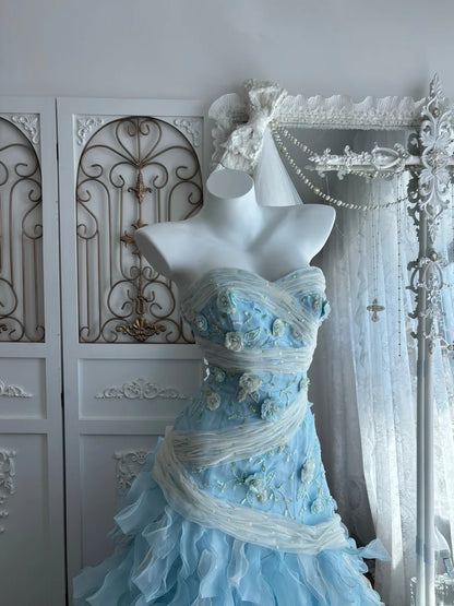 Dreamy Sky Blue Strapless Sweetheart 3D Floral Appliqué Sequin Mermaid Long Prom Dress AD1417