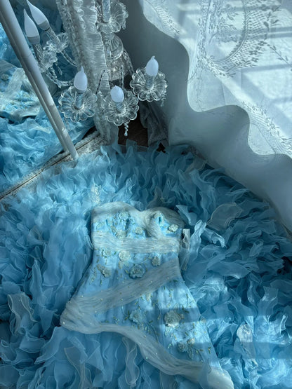 Dreamy Sky Blue Strapless Sweetheart 3D Floral Appliqué Sequin Mermaid Long Prom Dress AD1417