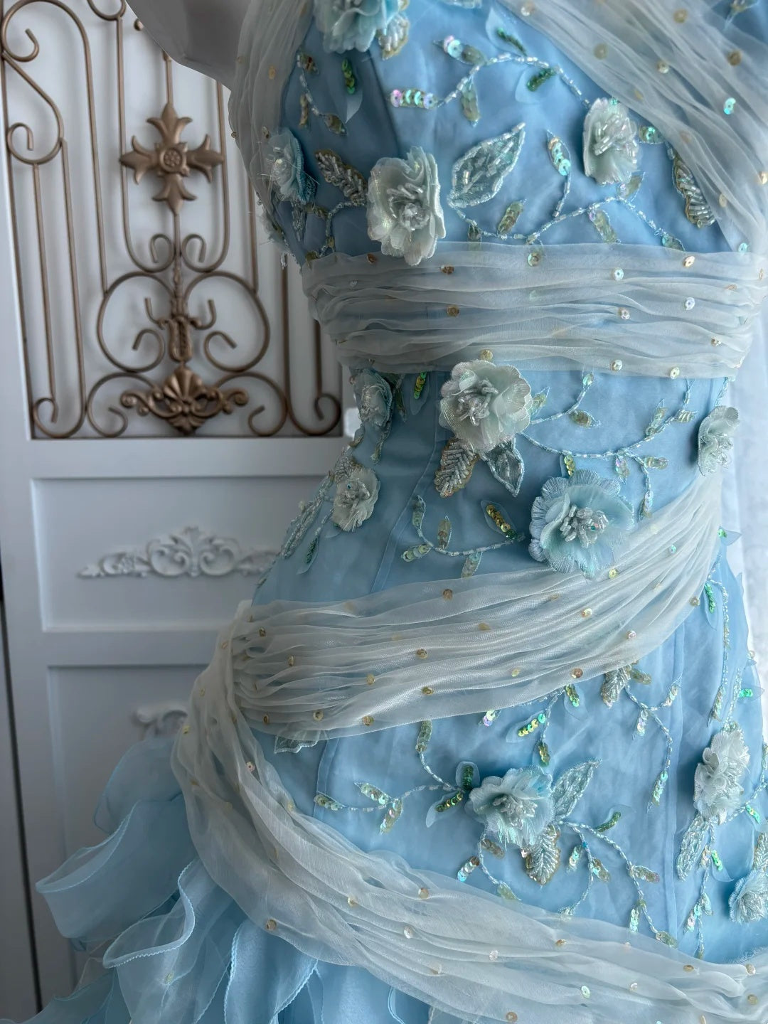 Dreamy Sky Blue Strapless Sweetheart 3D Floral Appliqué Sequin Mermaid Long Prom Dress AD1417