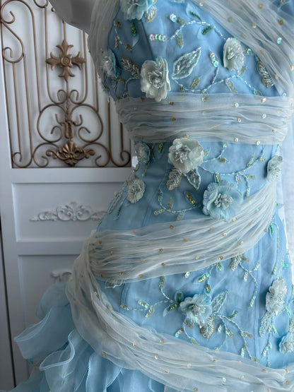 Dreamy Sky Blue Strapless Sweetheart 3D Floral Appliqué Sequin Mermaid Long Prom Dress AD1417