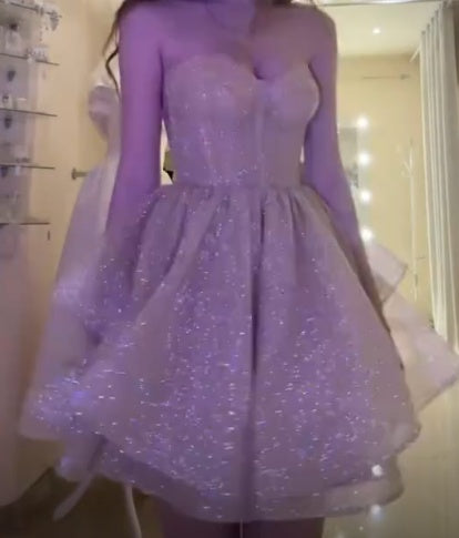 Sparkle Champagne Strapless Sweetheart Glitter Tulle A Line Short Homecoming Dress AS1418