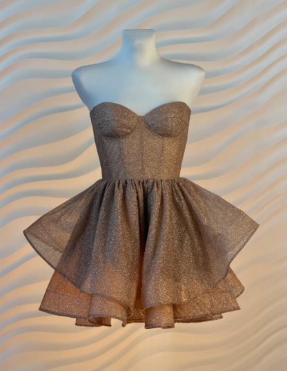 Sparkle Champagne Strapless Sweetheart Glitter Tulle A Line Short Homecoming Dress AS1418