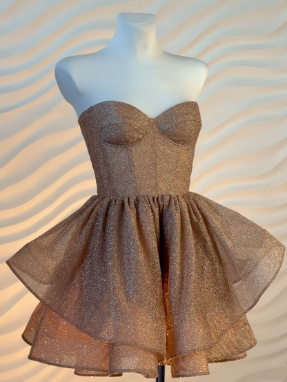 Sparkle Champagne Strapless Sweetheart Glitter Tulle A Line Short Homecoming Dress AS1418