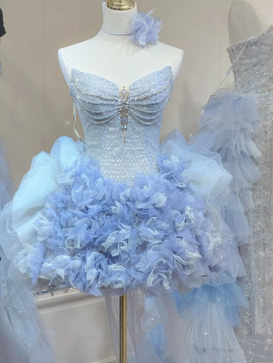 Gorgeous Light Blue Strapless Beaded Corset Bodice Glitter Voluminous Tulle A Line Short Homecoming Dress AS1419