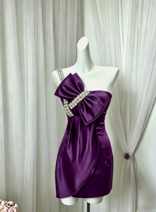 Chic Dark Purple Single Rhinestone Strap Oversized Front Satin Bow Satin Bodycon Mini Homecoming Dress AS1420