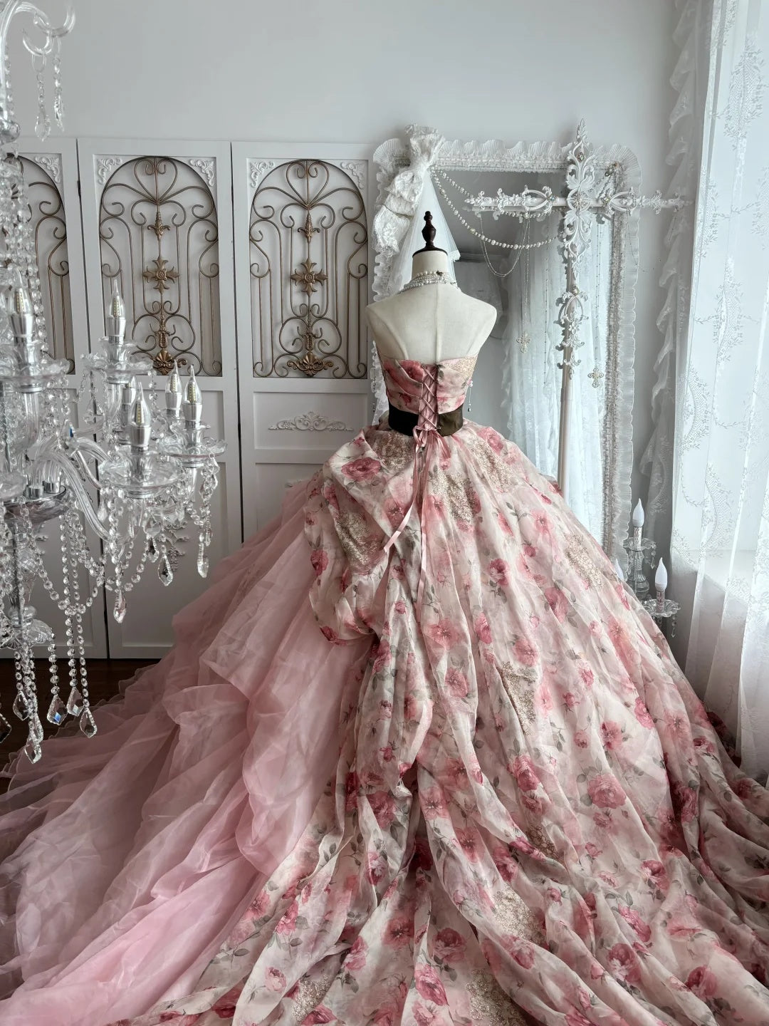 Vintage Pink Floral Print Strapless Lace Ball Gown Long Prom Dress AD1421