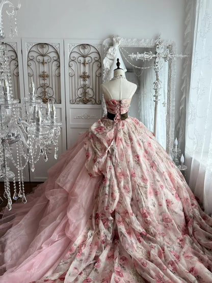 Vintage Pink Floral Print Strapless Lace Ball Gown Long Prom Dress AD1421