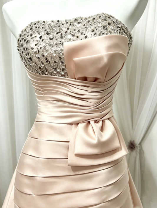 Elegant Blush Strapless Beaded Satin Pleated Bow A Line Short Homecoming Dress AS1421
