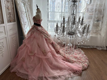 Vintage Pink Floral Print Strapless Lace Ball Gown Long Prom Dress AD1421