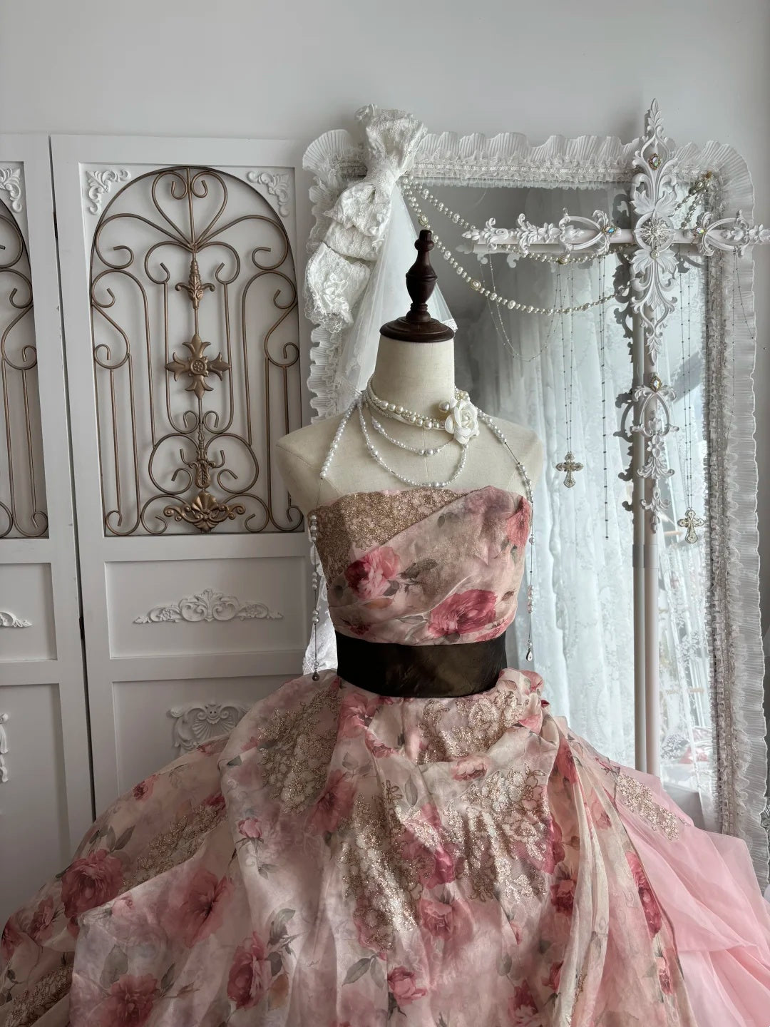 Vintage Pink Floral Print Strapless Lace Ball Gown Long Prom Dress AD1421
