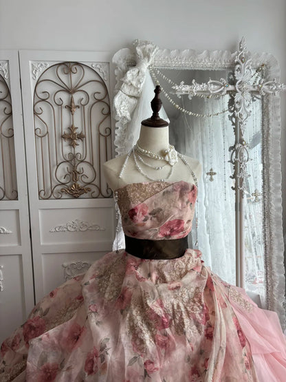 Vintage Pink Floral Print Strapless Lace Ball Gown Long Prom Dress AD1421