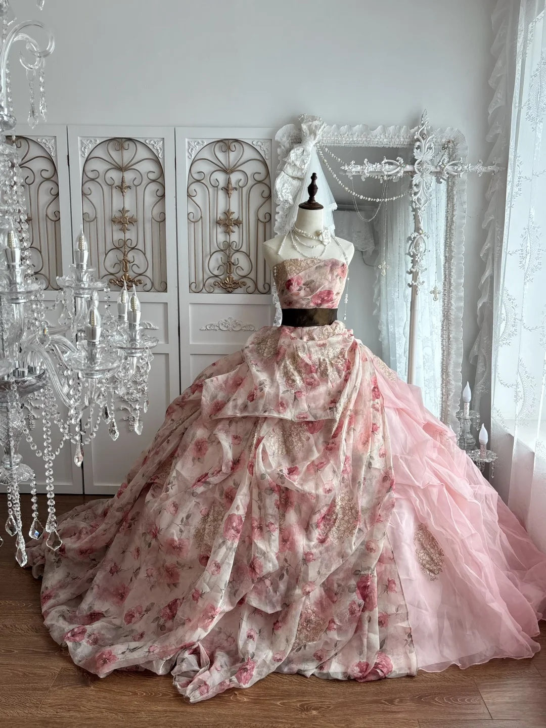 Vintage Pink Floral Print Strapless Lace Ball Gown Long Prom Dress AD1421
