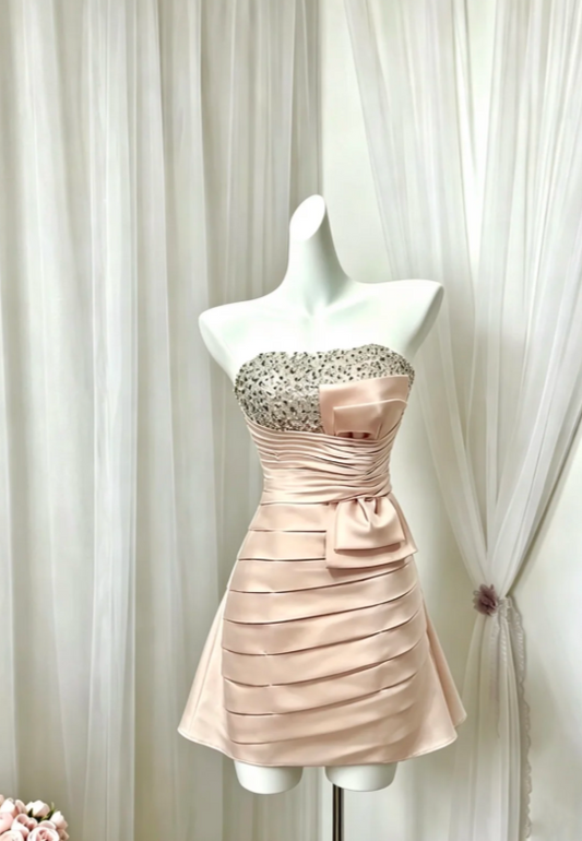 Elegant Blush Strapless Beaded Satin Pleated Bow A Line Short Homecoming Dress AS1421