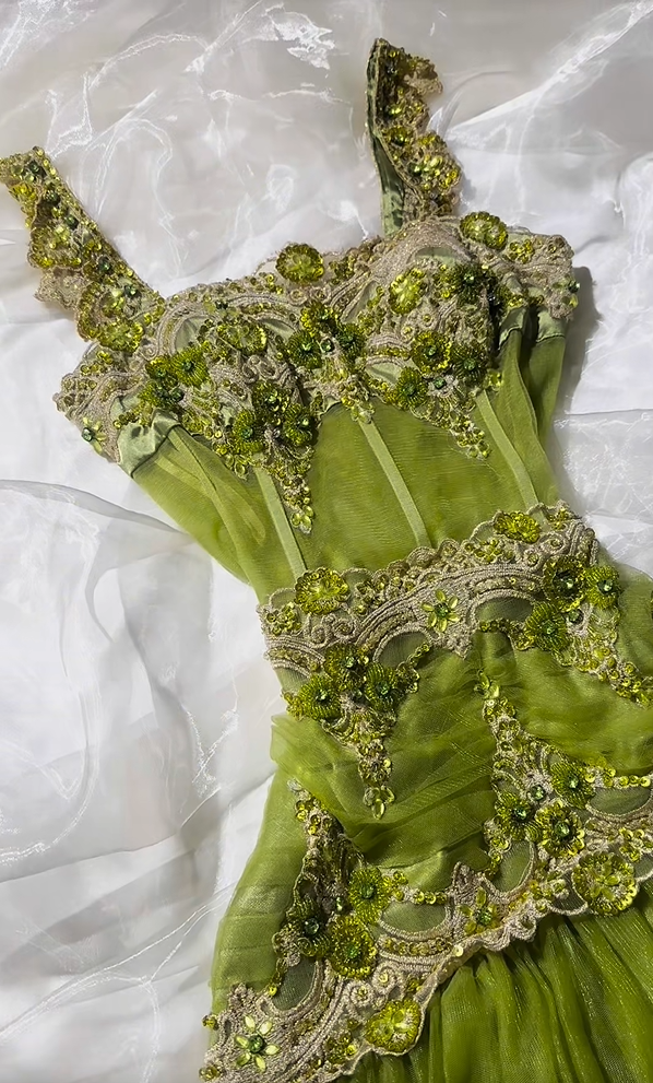 Gorgeous Green Square Neck Straps Beaded Lace Tiered Ruffle A-Line Long Prom Dress AD1422