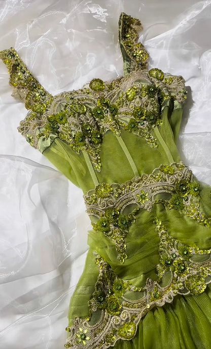 Gorgeous Green Square Neck Straps Beaded Lace Tiered Ruffle A-Line Long Prom Dress AD1422
