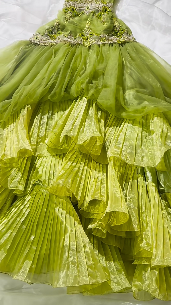 Gorgeous Green Square Neck Straps Beaded Lace Tiered Ruffle A-Line Long Prom Dress AD1422