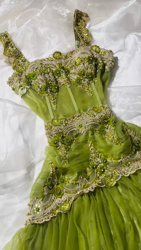 Gorgeous Green Square Neck Straps Beaded Lace Tiered Ruffle A-Line Long Prom Dress AD1422