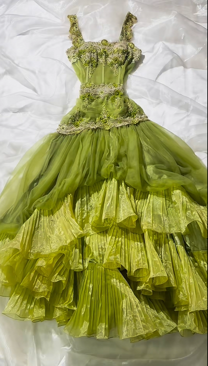 Gorgeous Green Square Neck Straps Beaded Lace Tiered Ruffle A-Line Long Prom Dress AD1422