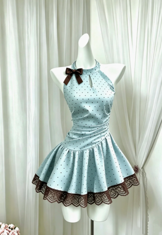 Chic Light Blue Halter Keyhole Neck Brown Bow Polka Dot Lace Hem A Line Short Homecoming Dress AS1422