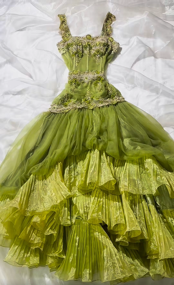 Gorgeous Green Square Neck Straps Beaded Lace Tiered Ruffle A-Line Long Prom Dress AD1422