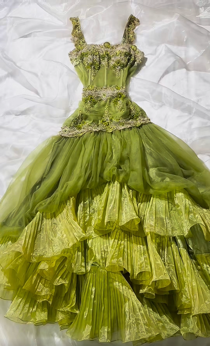 Gorgeous Green Square Neck Straps Beaded Lace Tiered Ruffle A-Line Long Prom Dress AD1422