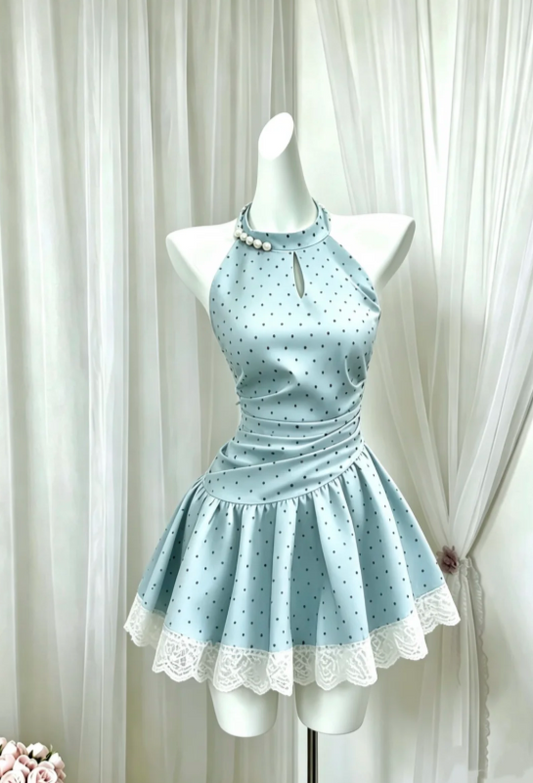 Chic Light Blue Halter Keyhole Neck Pearl Polka Dot Lace Hem A Line Short Homecoming Dress AS1423