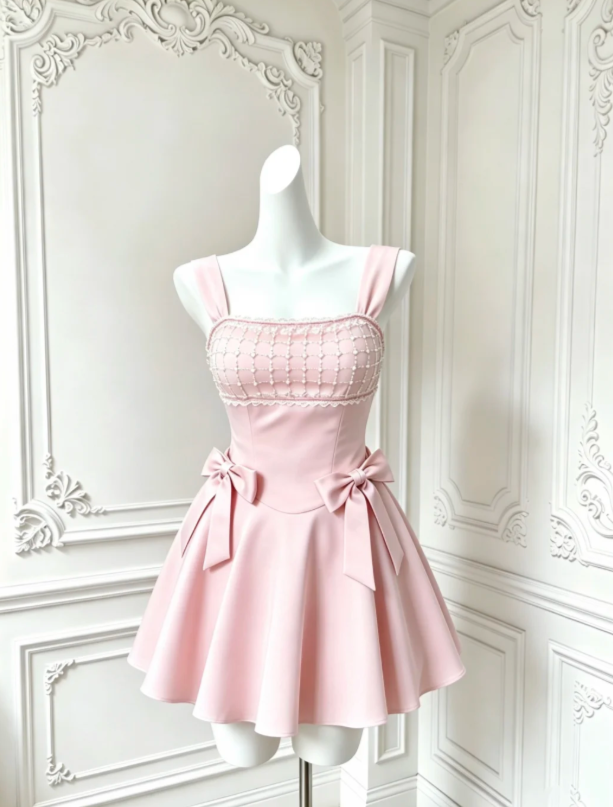 Glam Pink Wide Strap Square Neck Beaded Satin Bow A-Line Short Homecoming Dress AS1424