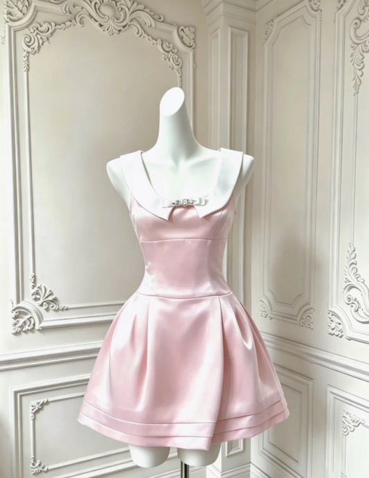 Chic Pink Sleeveless White Fold Collar Rhinestone Bow A Line Short Homecoming Dress AS1427