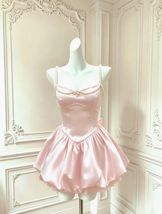 Lovely Pink Pearl Chain Strap Sweetheart Neck Satin Back Bow Short Bubble Skirt Homecoming Dress AS1428