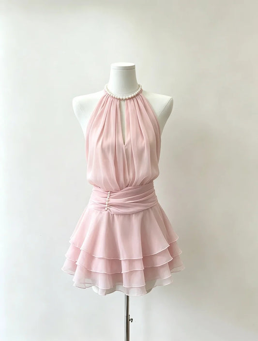 Chic Pink Pearl Halter Neck Keyhole Front Ruched Waist Pearl Detail Multi-Layer Chiffon A Line Short Homecoming Dress AS1430