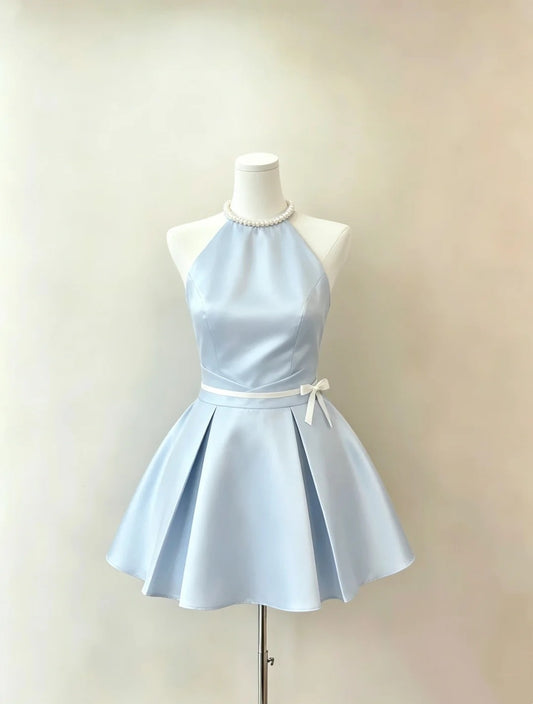 Elegant Light Blue Halter Pearl Neck Satin Waist White Bow A-Line Short Homecoming Dress AS1431