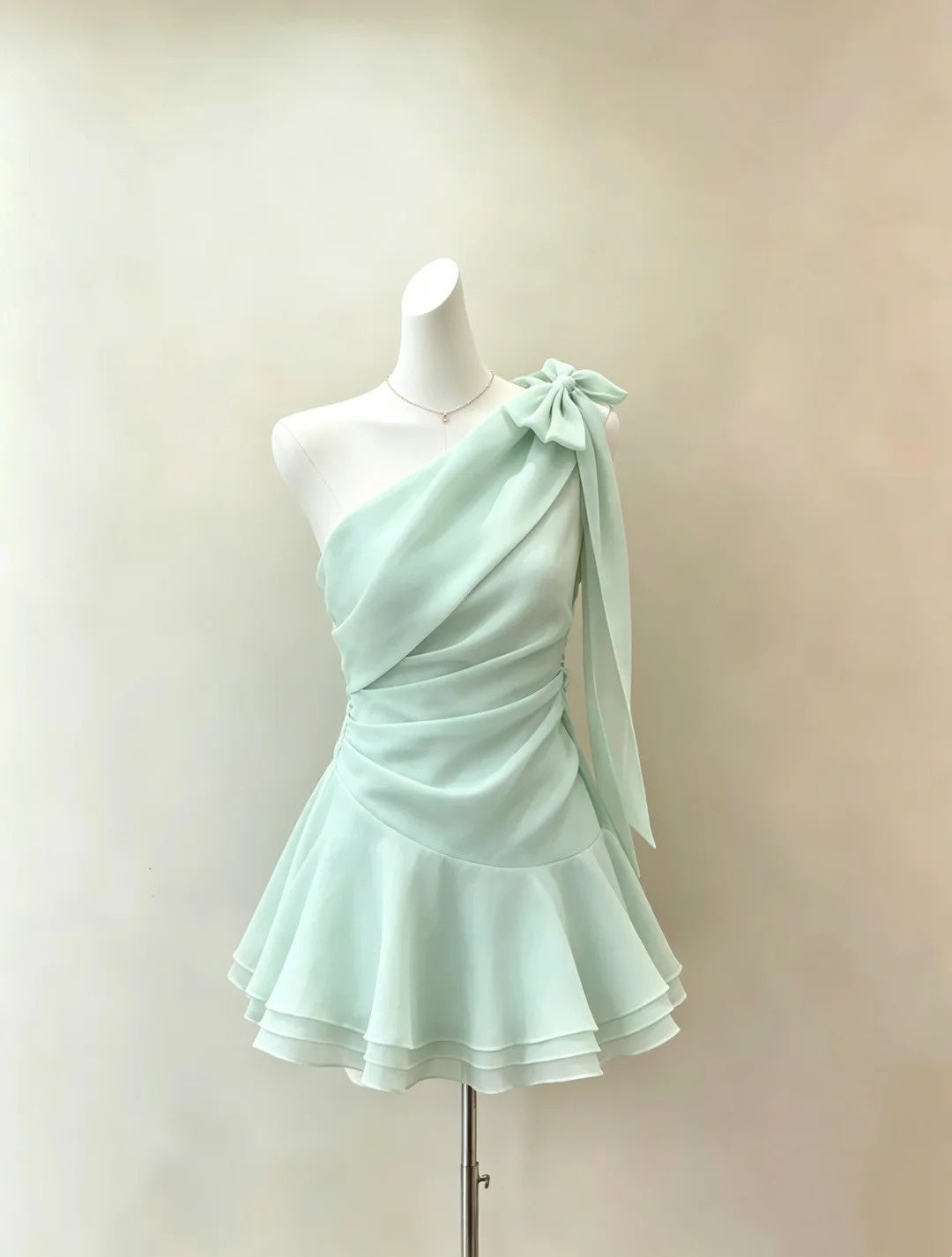 Elegant Light Green One Shoulder Bow Draped Ruched Chiffon A Line Short Homecoming Dress AS1432
