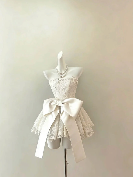 Elegant White Strapless Floral Lace Giant Satin Bow A Line Short Homecoming Dress AS1434
