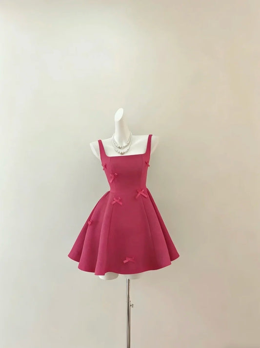 Elegant Hot Pink Square Neck Straps Mini Bow Detail A-Line Short Homecoming Dress AS1435