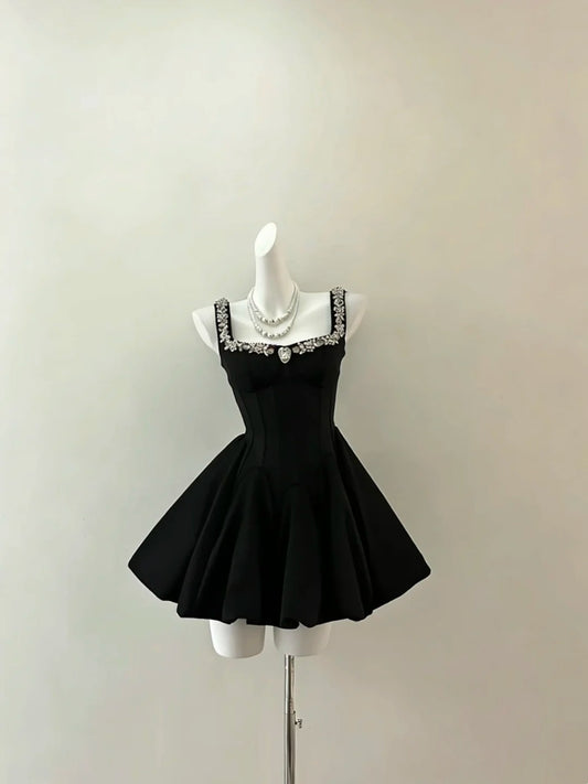 Stunning Black Square Neck Rhinestone Trim Straps A Line Short Homecoming Dress AS1436