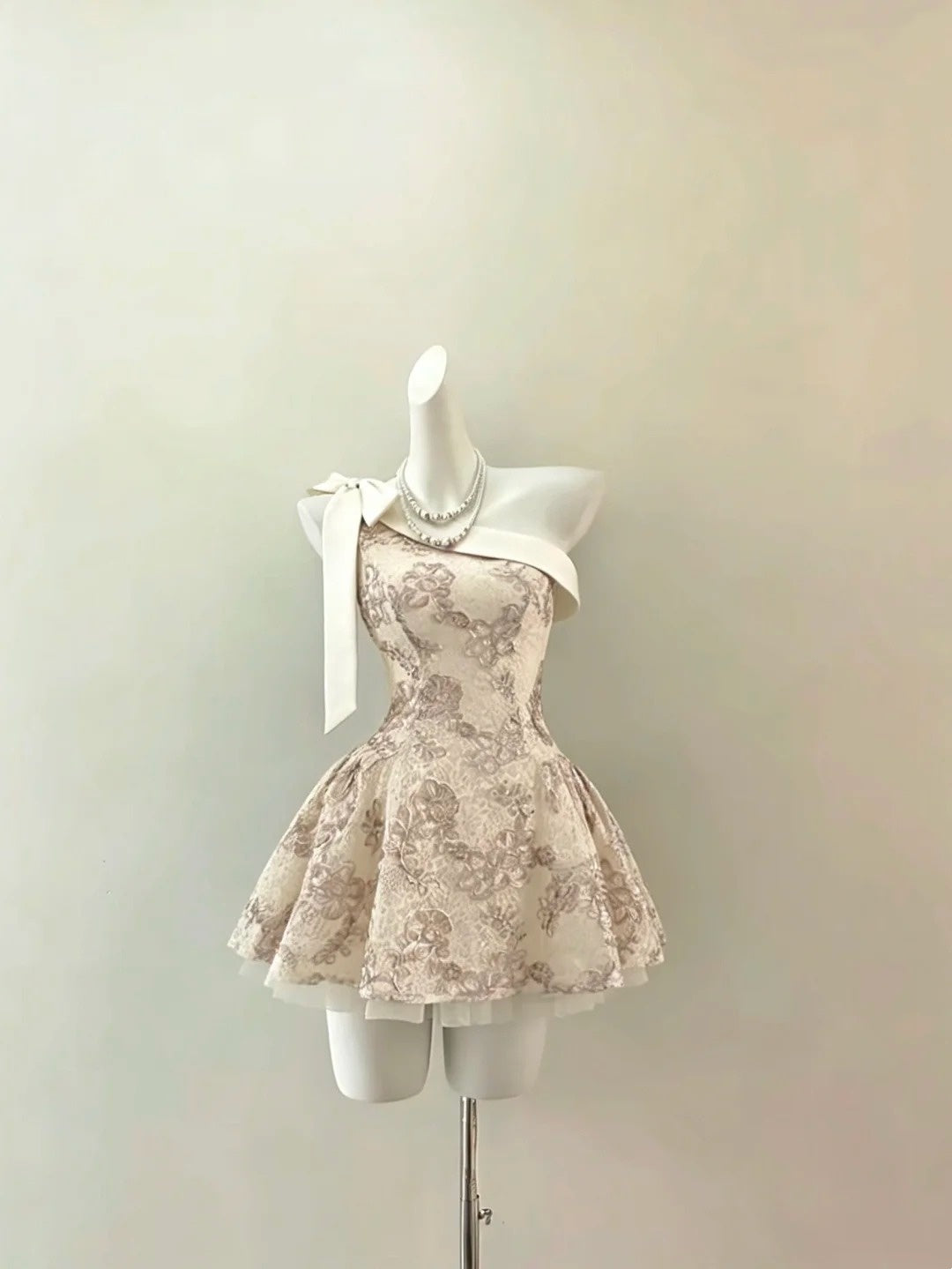 Elegant Ivory One Shoulder Satin Bow Floral Embroidery Short A Line Homecoming Dress AS1437