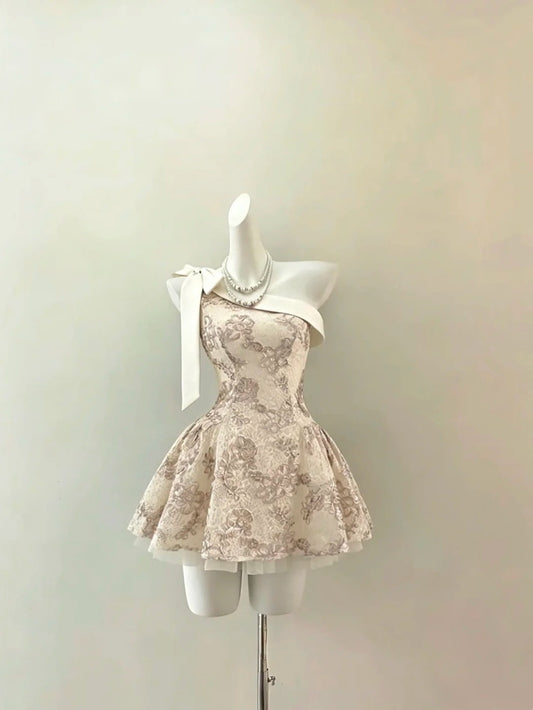 Elegant Ivory One Shoulder Satin Bow Floral Embroidery Short A Line Homecoming Dress AS1437